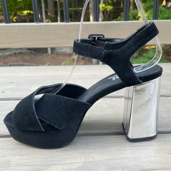 Karl Lagerfeld black suede & silver chunky heel platform ankle strap sandals 38 - Picture 10 of 16